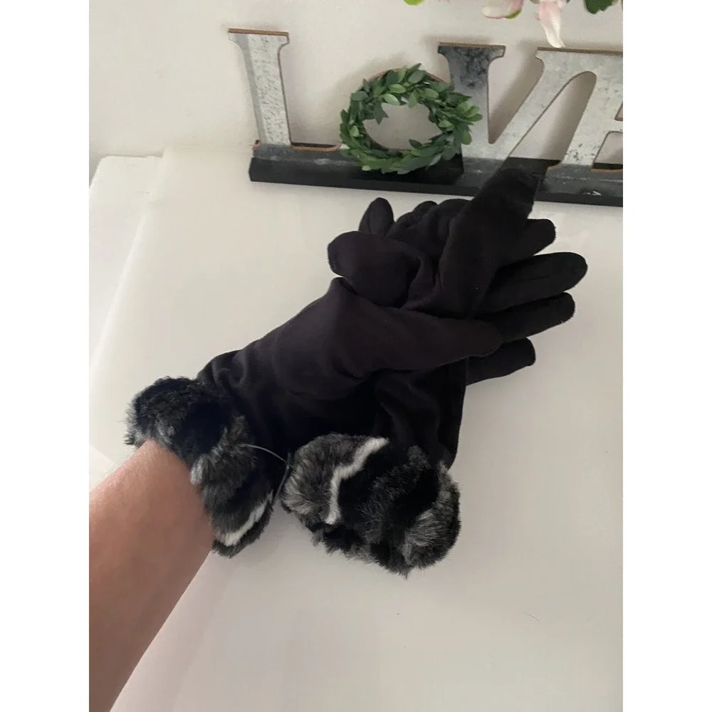 Vintage XS Women's Faux Fur Trim Gloves Winter Warm Black Gray Animal Print New